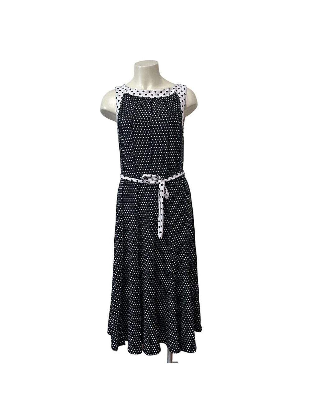 Haani Polka Dot Midi Dress Women’s L Black White Sleeveless Belted